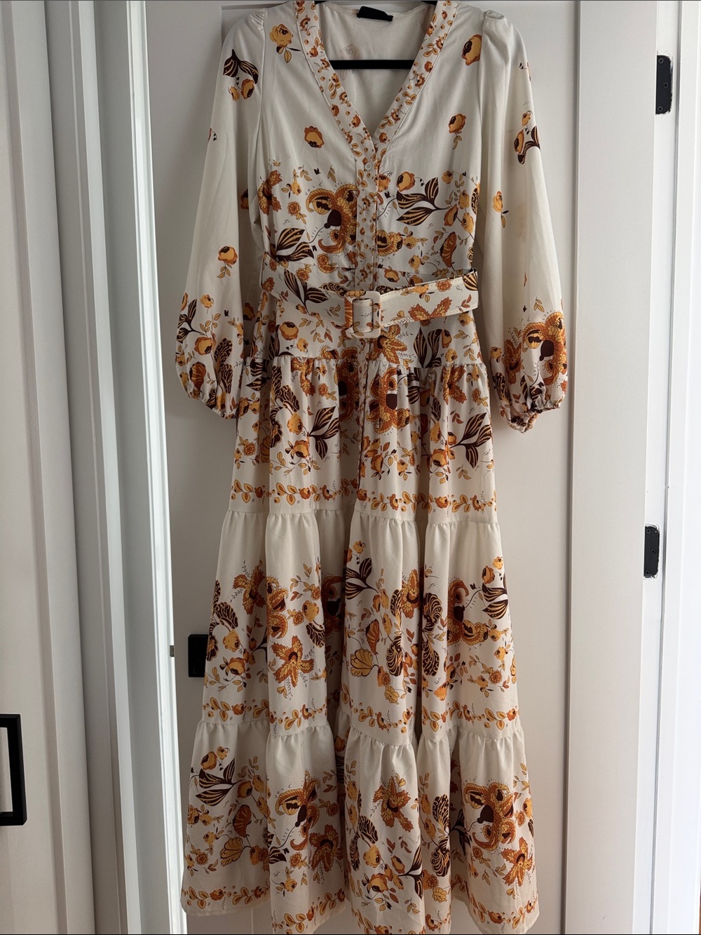 Cream Floral Maxi Dress with Belted Waist - Picture 2 of 7